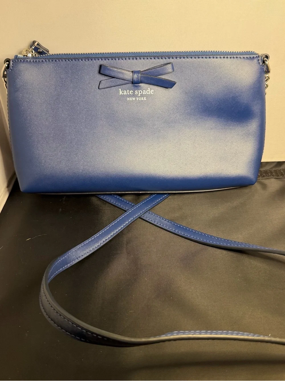 Kate Spade New York Blue Leather Bow Crossbody Shoulder Bag Zip Top Purse